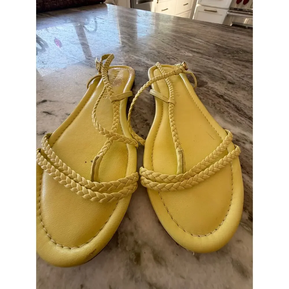 Veronica Beard Yellow Braided Leather Thong Sandals Strap Resort Coastal 7.5